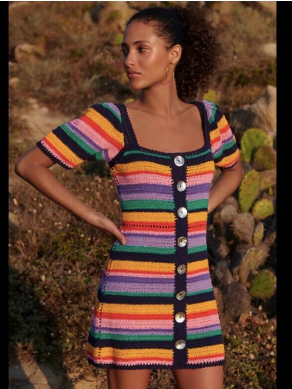 FARM Rio Colorful Striped Crochet Mini Dress with Navy Trim